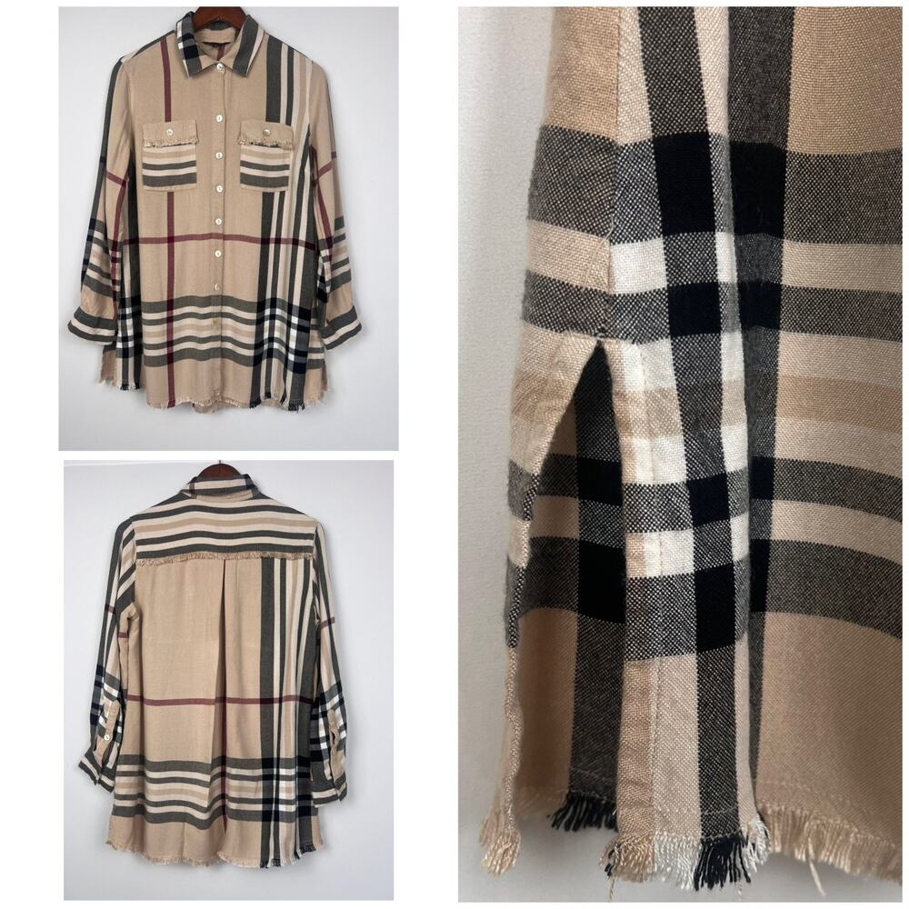 JHON.MARK PLaid Button Down Shirt M Tan Black Check Long Sleeve Frayed Hem - Picture 6 of 9